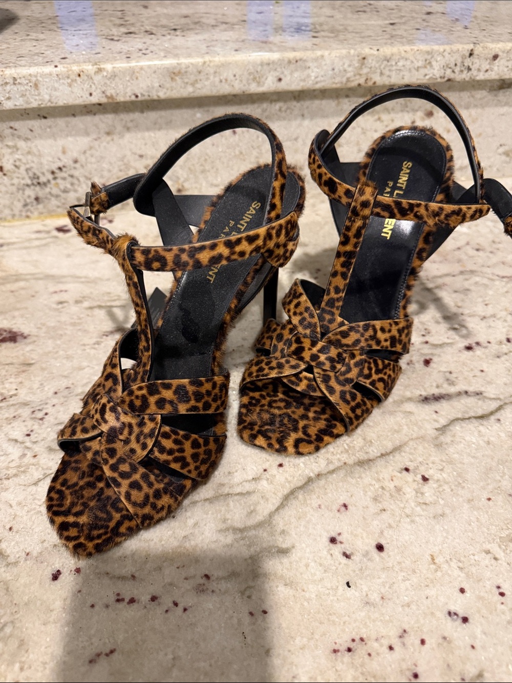 Saint Laurent Leopard Print T-Strap Heels - Black & Brown - Picture 1 of 6